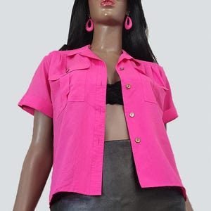 90s VINTAGE Hot Pink Blouse | Hot Pink Button Up Blouse | 90&#39;s Pink Top | MEDIUM