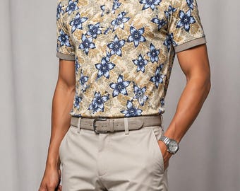 IZOD Blue Tan Tropical Floral Polo Shirt | Mens Golf Shirt Casual Resort Wear | MEDIUM