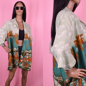 Vintage 90s Button Up Shirt Teal Green Button Up Hawaiian Shirt Teal Turquoise Green Button Up Shirt Short Sleeve Shirt Palm Tree Shirt XL