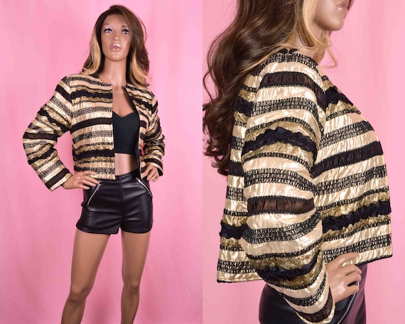Black Gold Stripe Jacket 90s Vintage Dressy Gold … - image 1