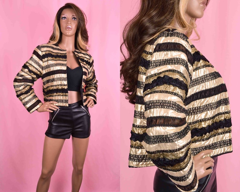 Black Gold Stripe Jacket 90s Vintage Dressy Gold Jacket Black Lace Jacket Gold Formal Jacket Sparkly Jacket Unique Jacket Glam Jacket MEDIUM image 1