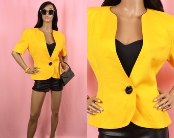 Yellow Blazer Jacket 90's Vintage Blazer Short Sleeved Blazer Yellow Cropped Jacket 1990's Short Sleeve Jacket Dressy Yellow Jacket MEDIUM