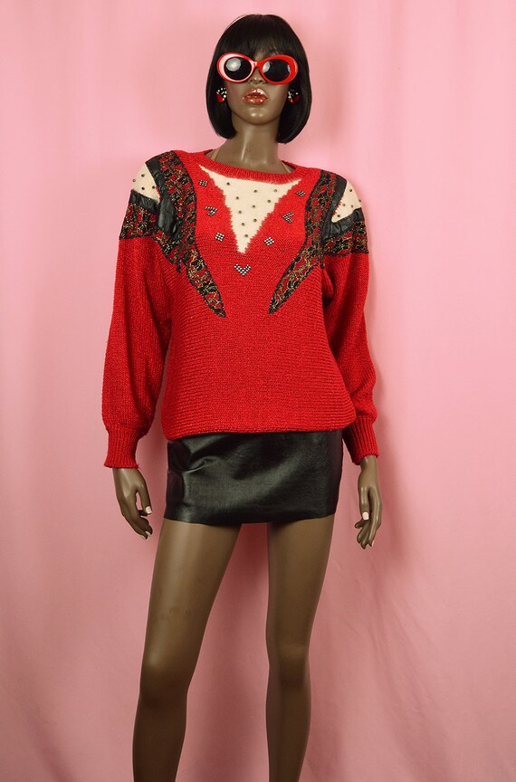 Red Sweater with Black Lace 1990's VINTAGE Red Dr… - image 2
