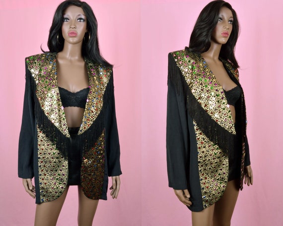 90s Vintage Gold Blazer Jacket - Metallic Gold Bla