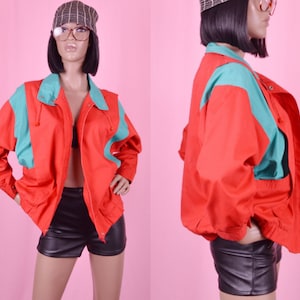 Vintage 90s Red Jacket Red Sport Jacket Two-Tone Green & Red Zip Up Jacket 1990&#39;s Retro Jacket Windbreaker Jacket UNISEX Jacket MEDIUM-LARGE