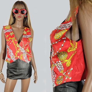VINTAGE 1990&#39;s Red Vest & Gold Baroque Print Vest | Vintage Red Vest | Vintage Gold Vest | Chainlink Print Top | Fits Sizes Medium/Large