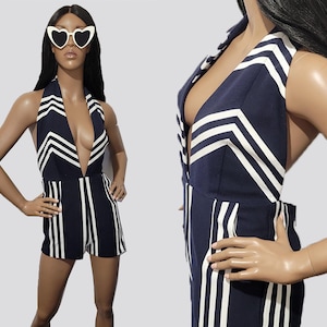 90s VINTAGE Navy Blue Halter Neck Romper | Backless Romper | Summer Romper | Cute Jumpsuit | Sexy Romper | Gift | Fits Size MEDIUM-LARGE