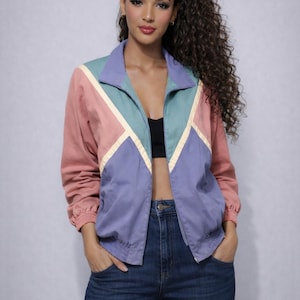 90s Color Block Sporty Zip-Up Jacket | Retro Geometric Lightweight Outerwear (Small)