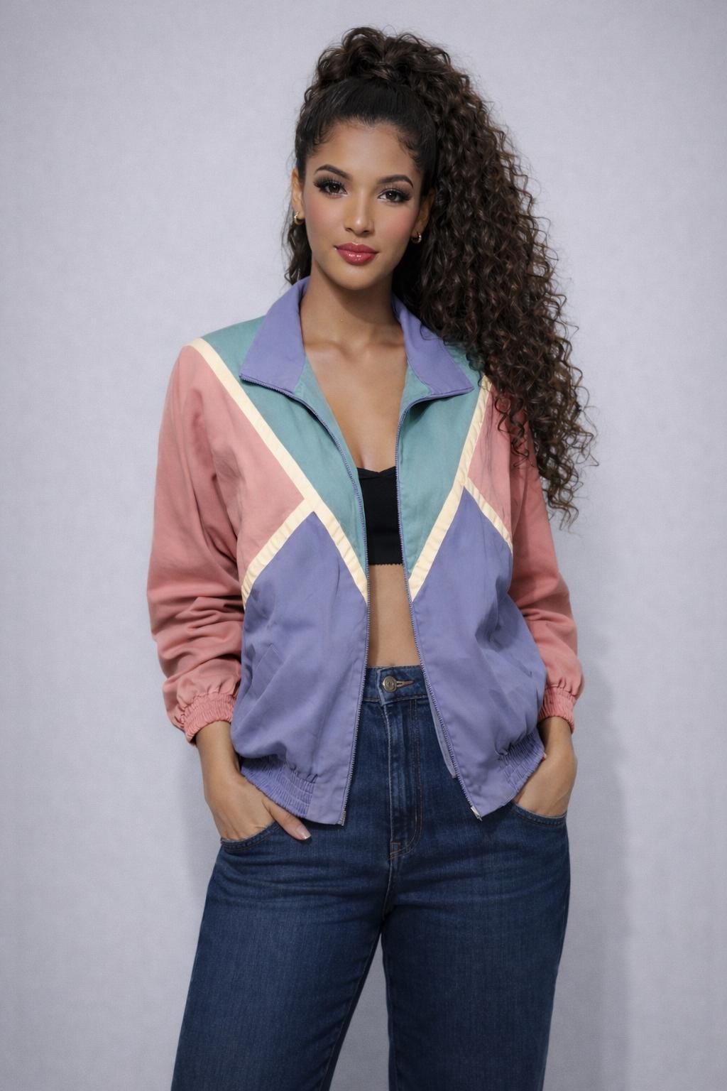 90s Color Block Sporty Zip-up Jacket | Retro Geometric Lightweight ...