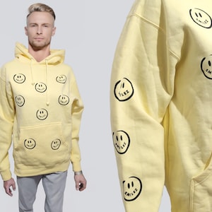 Men&#39;s Yellow Smiley Face Hoodie, Yellow Sweatshirt, Yellow Hoodie, Skater Hoodie, Trendy Hoodie, UNISEX Gender Neutral Sweatshirt, SMALL