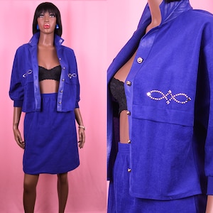 Royal Blue Jacket & Skirt Set 90&#39;s Blue Skirt Suit 1990&#39;s Blue Skirt with Matching Jacket Blue Cropped Jacket Blue Pencil Skirt Gift MEDIUM