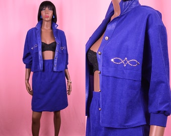 Royal Blue Jacket & Skirt Set 90's Blue Skirt Suit 1990's Blue Skirt with Matching Jacket Blue Cropped Jacket Blue Pencil Skirt Gift MEDIUM