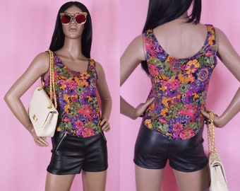 Vintage 90s Colorful Top Floral Print Top Sleeveless Top Floral Tank Top Flower Print Shirt Floral Print Blouse Summer 1990s Blouse SMALL