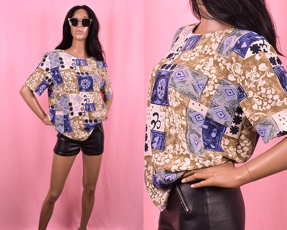 Blue & Tan Abstract Print Blouse 90s Short Sleeve… - image 1