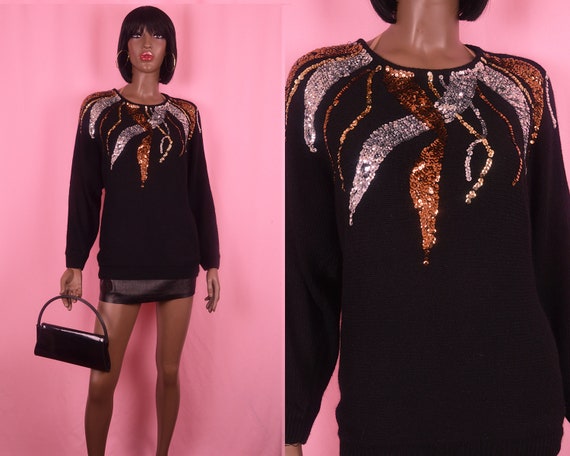 90s Vintage Pullover Sweater Metallic Sequins Swe… - image 1