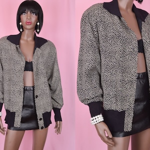 90s Vintage Polka Dot Jacket Black and White Polka Dot Jacket Sporty Windbreaker Button Up Silk Jacket Dressy Casual Jacket LARGE / XL