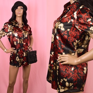 Blusa de cetim vermelha anos 90 Blusa de cetim VINTAGE Top de cetim Blusa de cetim preta Camisa de cetim preta Camisa de flor de cerejeira Top de flor chinesa MÉDIO