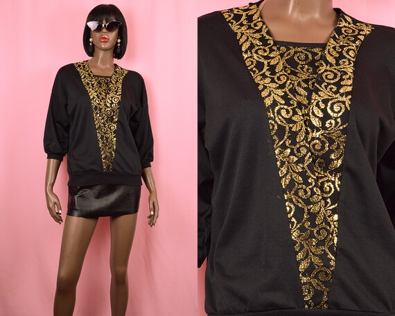 Black & Gold Lace Blouse VINTAGE 1990's Gold Lace… - image 1