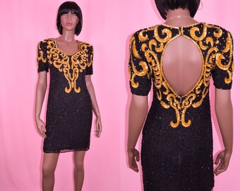 Vintage 80s Dress Black & Gold Sequins Dress Glam Dress Evening Dress Special Occasion Dress Beaded Gold Formal Dress Sparkly Dress MEDIUM