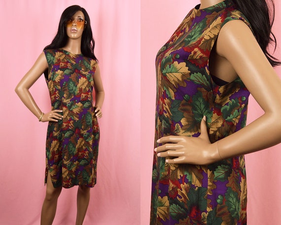 Colorful Earth Tone Fall Leaves Dress 1990's VINT… - image 1