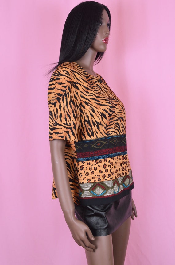 90s Vintage Tiger Print Blouse Short Sleeve Shirt… - image 3