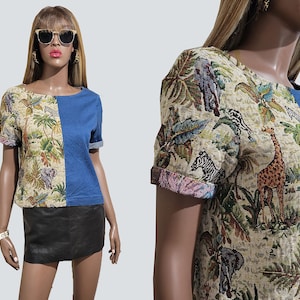 90s VINTAGE Denim Animal Print Top | 90s Denim Shirt | 90s Denim Top | Animal Safari Shirt | Animal Print Blouse | SMALL
