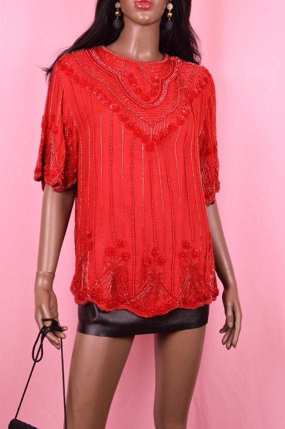 Red Silk Blouse VINTAGE 1980s Red Silk Beaded Blo… - image 4
