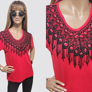 90s Vintage Short Sleeve Top | Red & Black Blouse | Tassel Blouse | Vintage Fashion Top | Red Western Top | Gift | Fits Sizes Small-Medium