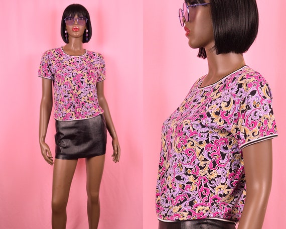 90s Purple Abstract Top Pink and Purple Shirt Sho… - image 1