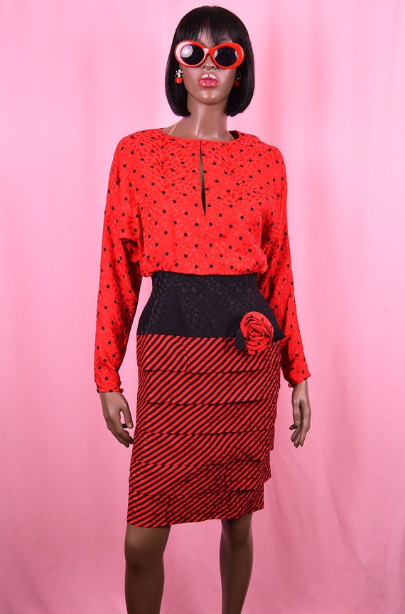 Red Polka Dot Dress 90s 100% Silk Vintage Polka D… - image 2