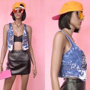 Jaren &#39;90 Denim Vest jaren 1990 Acid Wash Denim Vest Top Shirt Fashion Vest Denim Mouwless Top Blue Denim Vest Bleek bedroefd Denim XSMALL