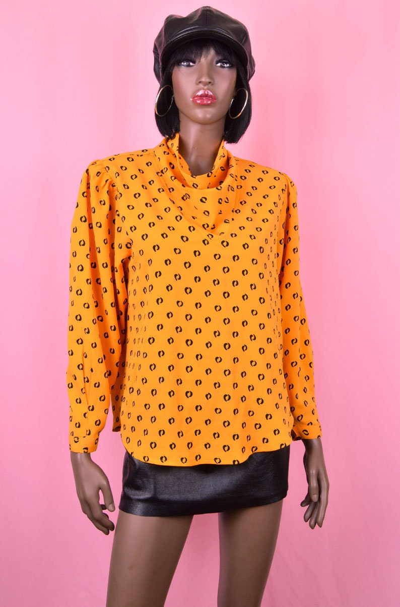 90s Vintage Yellow Blouse Long Sleeve Yellow Top Retro Print Blouse Retro 90s Top Abstract Print Top Unique Print Bright Yellow Top MEDIUM image 2