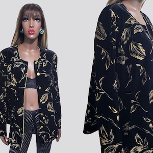 90s Vintage Black Velvet Evening Jacket with Gold Leaf Pattern | 90s Dressy Jacket | Black Velvet Jacket | Gold Jacket | Retro Jacket, LARGE