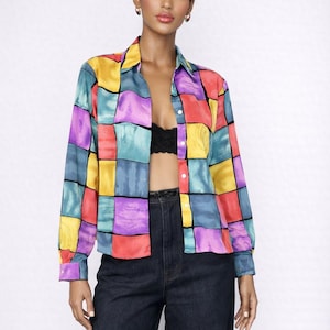 90s Colorblock Patchwork Blouse | Abstract Button Up Top | Colorful Vintage Top | Retro Print Shirt | Rainbow Color Top | MEDIUM