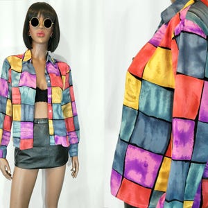 90's Colorful Blouse | Rainbow Color Blouse | VINTAGE 1990's Colorful Top | 90's Blouses | Color Block Blouse | Checkered Shirt | MEDIUM