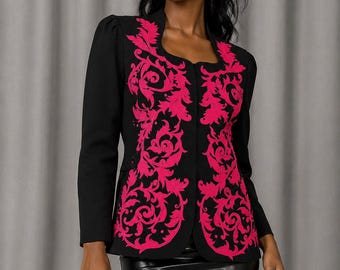 Vintage 90s Black & Hot Pink Embroidered Blazer | Statement Open Front Jacket | Bold Baroque Evening Blazer | LARGE