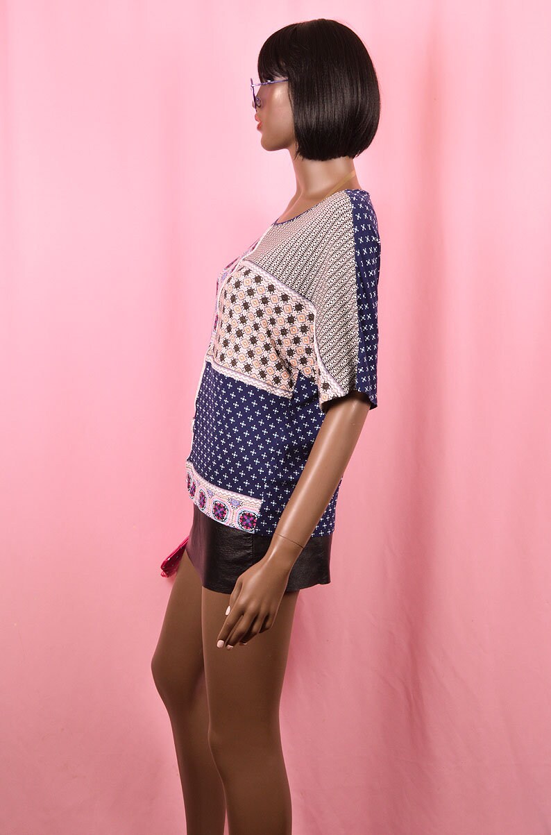 Colorful 90s Top Patchwork Top Hot Pink Top Navy Blue Top Casual Top Summer Top Abstract Cute Top 90s Blouse Gift for Her 1990s Shirt MEDIUM image 3