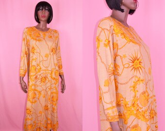 90s Vintage Golden Yellow Maxi Dress Baroque Print Sun Dress Sun Print Dress Golden Goddess Dress Yellow Maxi Dress Summer Dress MEDIUM