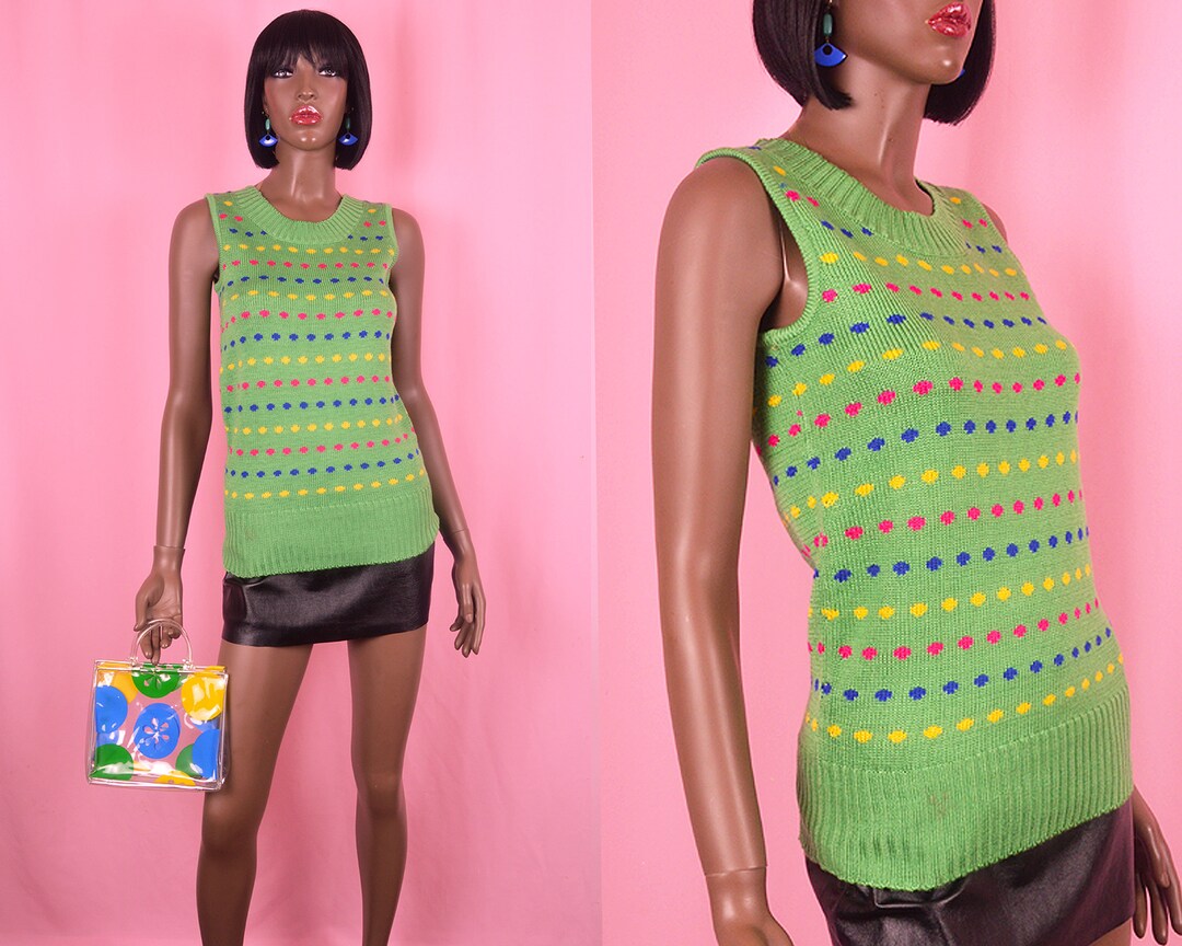Vintage 90s Rainbow Color Polka Dot Sweater Vest Sleeveless