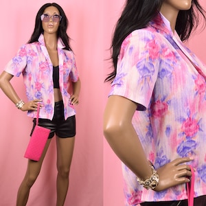 Pink Purple Floral Top 1990&#39;s Vintage Top Pink Blouse Purple Blouse Colorful Blouse Colorful Button Up Blouse Girly Top Girly Blouse SMALL