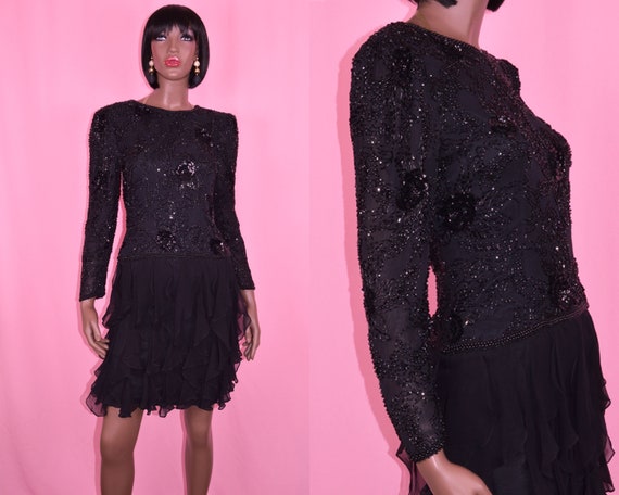 90s Vintage Black Sequins Dress Formal Dress Long… - image 1