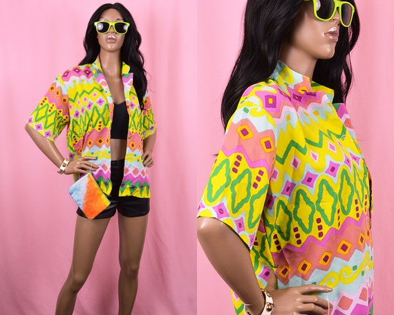Colorful Button Up Shirt Summer Top Bright Yellow… - image 1