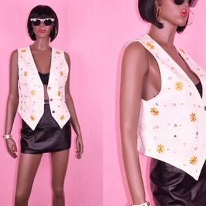 Jaren &#39;90 Vintage Witte Denim Vest Witte Vest 90s Vest Bloemen Vest Gouden Top Vest Jean Vest Vrouwen Vest Cute Vest jaren 90 Mouwloze Top Wit SMALL