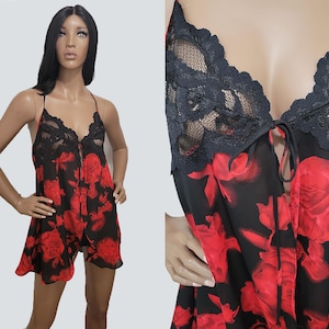 Red Rose Lingerie | Sexy Nightgown | Red Lingerie | Red Teddy | Red Nightie | Floral Lingerie | Sexy Lace Lingerie | Black Lace Slip | LARGE