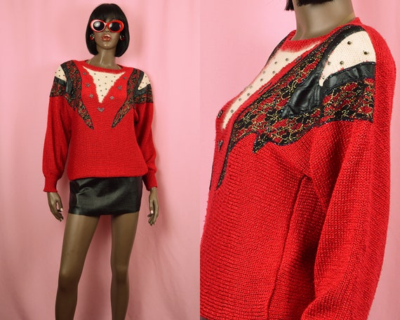 Red Sweater with Black Lace 1990's VINTAGE Red Dr… - image 1