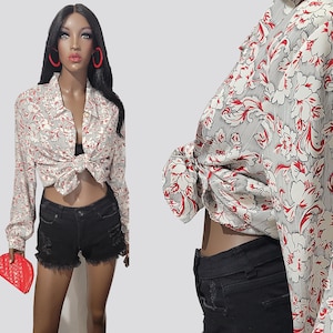 90s VINTAGE Red & White Floral Print Blouse | 90s Flower Blouse | 90s Blouse | 90s Shirt | 90s Fashion | 90s Outfit | 90s Style | X-Large
