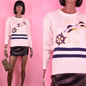90s Nautical Sweater White Sweater Navy Blue Sweater Navy Blue Nautical Top White Pullover Ivory Cream Sweater Sailor Print Top Gift MEDIUM