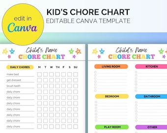 Editable Chores Chart, Printable Responsibilities Chart, Kids Weekly and Daily Tasks, Canva Template