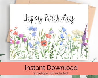 Wildflowers Birthday Card, Printable Birthday Card, Birthday Card for Her, Mom Birthday Card, Friend Birthday - Envelope not included