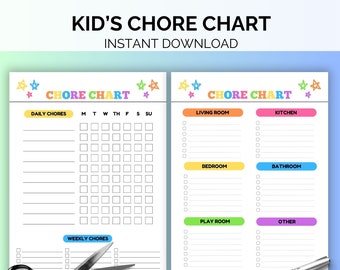 Printable Kids Chores Chart, Daily Responsibilities, Kids Weekly and Daily Tasks, Instant Download